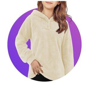 Girls Sherpa Pullover Hoodie Casual Loose Fit Grey With Button Size 9-10